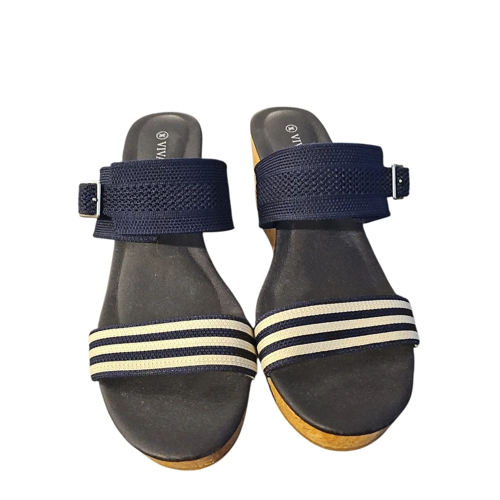 Vivaia Sammy 39 Adjustable Strap Cork Wedge Sandals Navy Sz 8/8.5 SH446